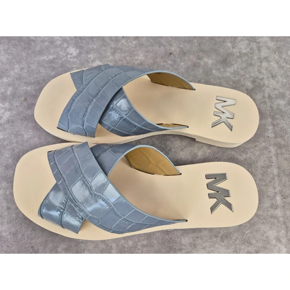 Michael Kors Glenda Pale Blue Croc Embossed Leather Slide Sandals 40S0GLFP1E